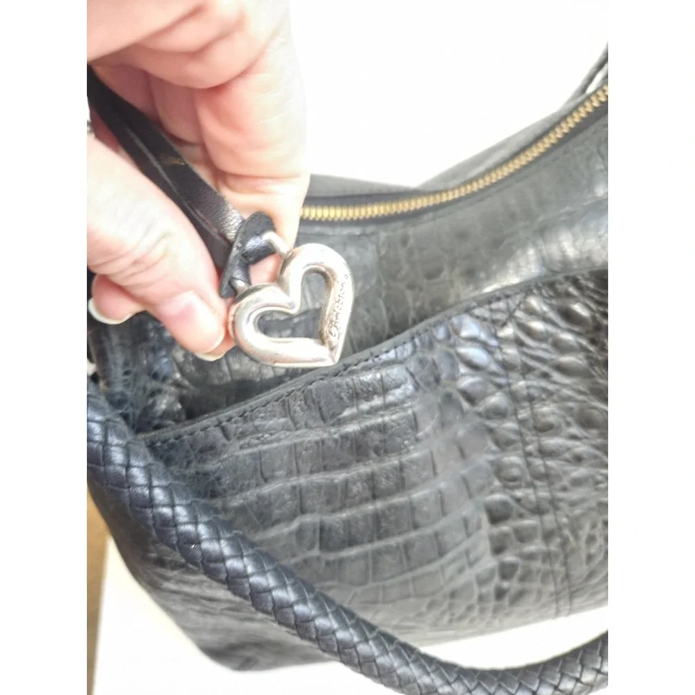 BRIGHTON Vintage Black Leather Croc Embossed Large‎ Handbag Shoulder Hobo